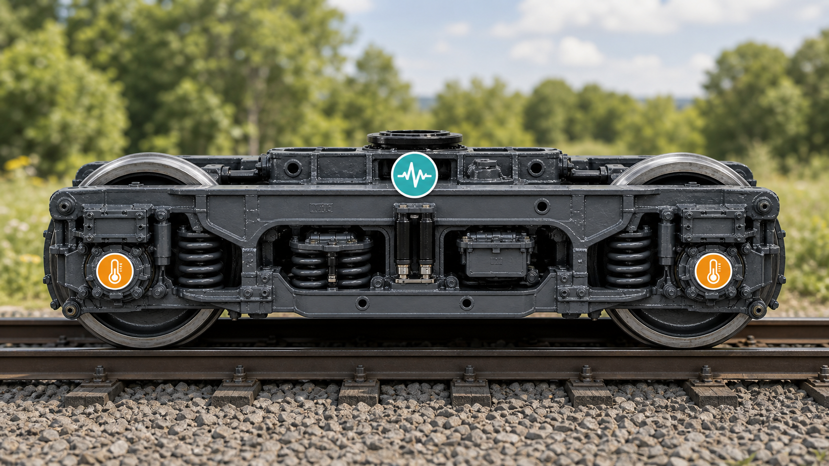 Railway bogie with temperature and vibration measurement symbols